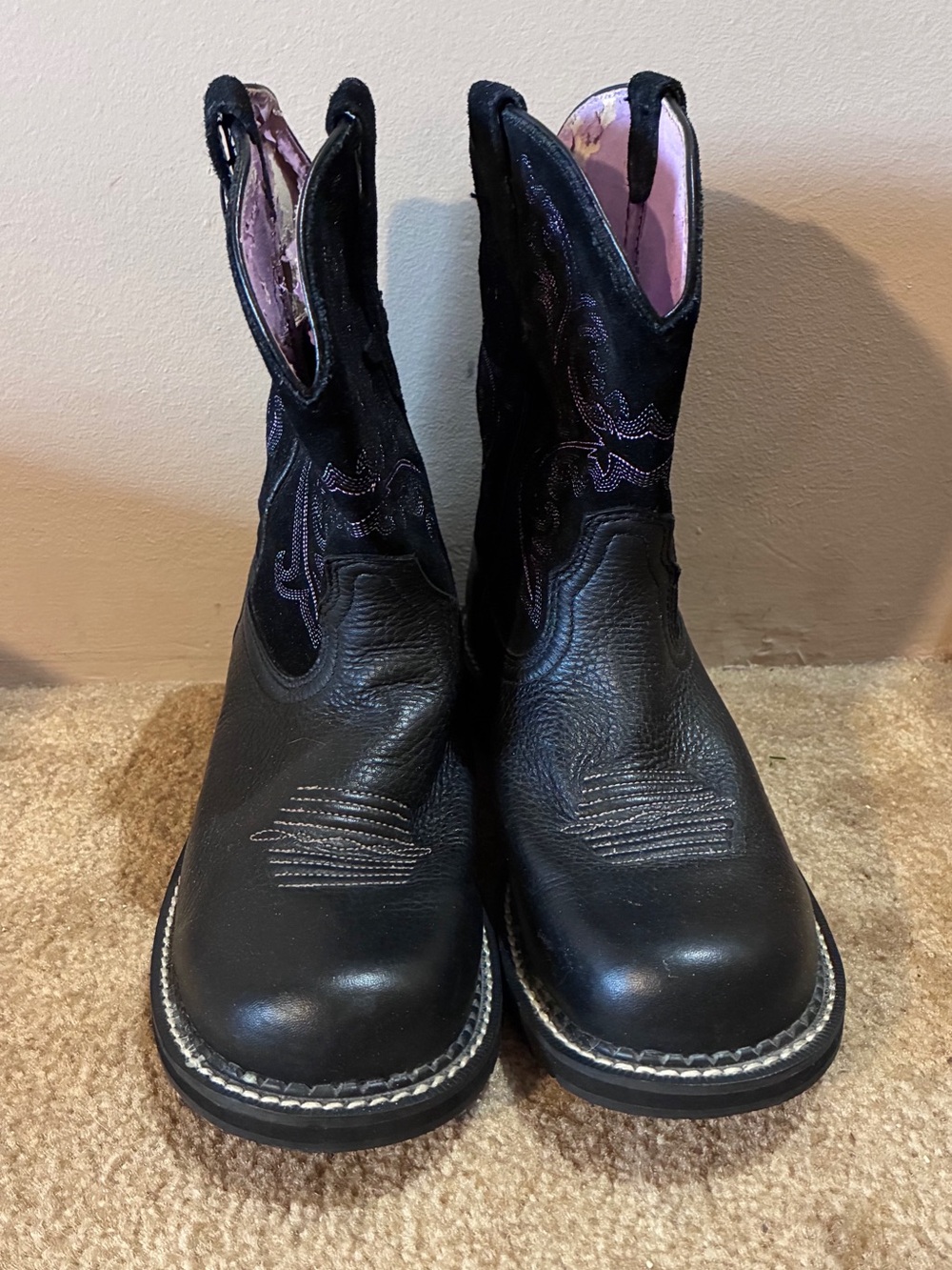 Ariat Black Leather Boots with Pink and Purple Label Accents